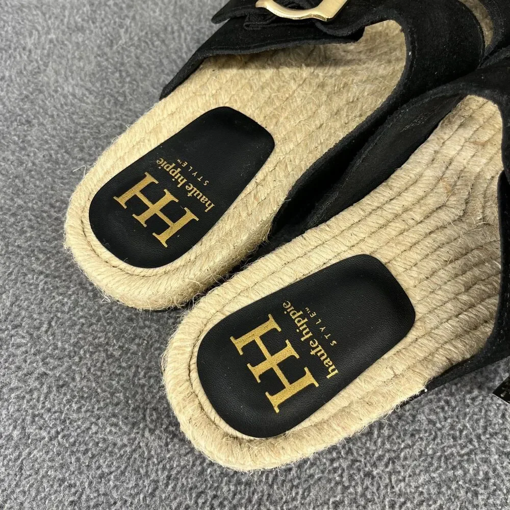 Haute Hippie Sandals Womens 7.5 black genuine suede‎ espadrille slip on buckle